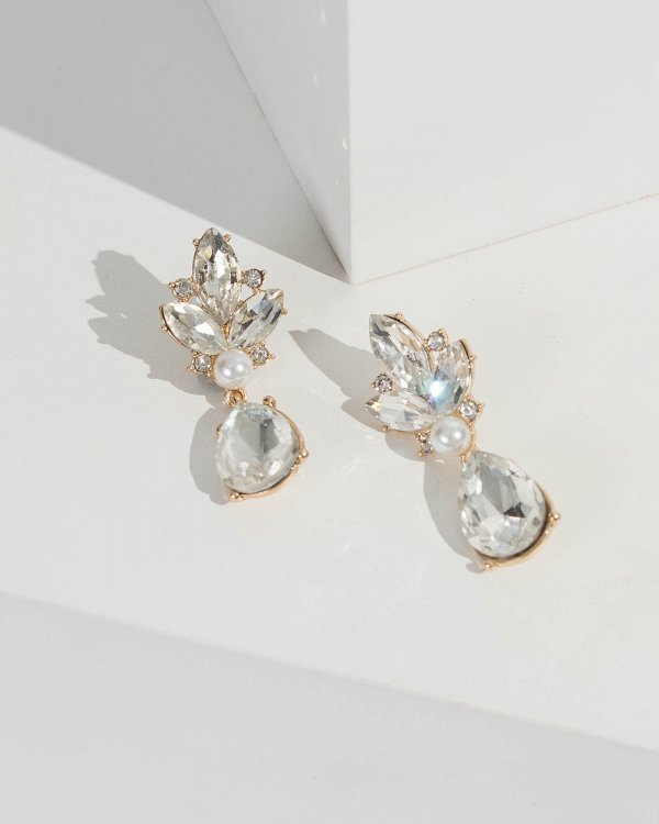 Gold Crystal Teardrop Pearl Drop Earrings