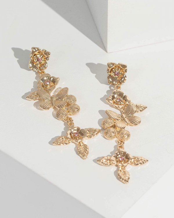 Gold Floral Butterfly Drop Earrings