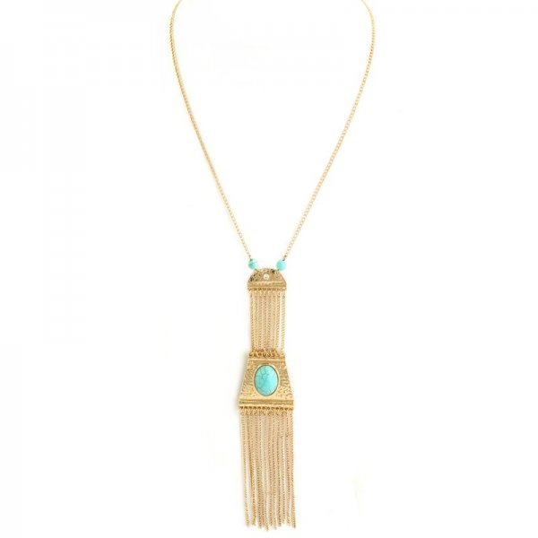 Semi Precious Stone Plate Tassel Necklace