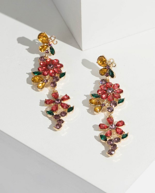 Multi Colour Dbl Small Crystal Flower Drop Earrings