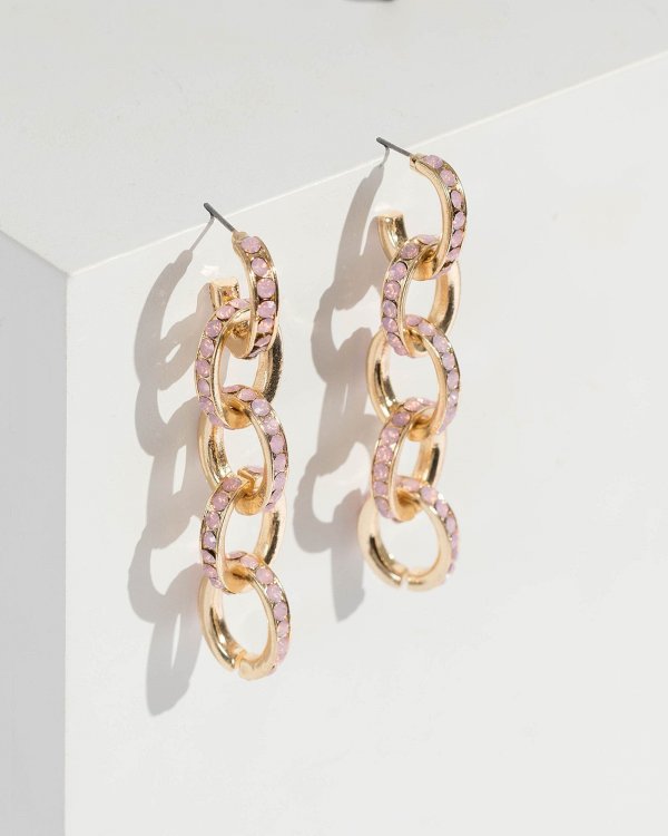 Pink Crystal Covered Chain Drop Earrings